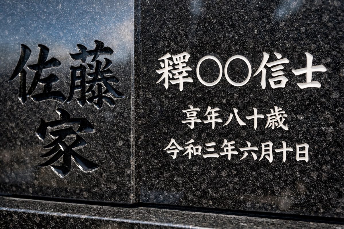 墓石への文字彫刻(家名・戒名)の例|灘石材