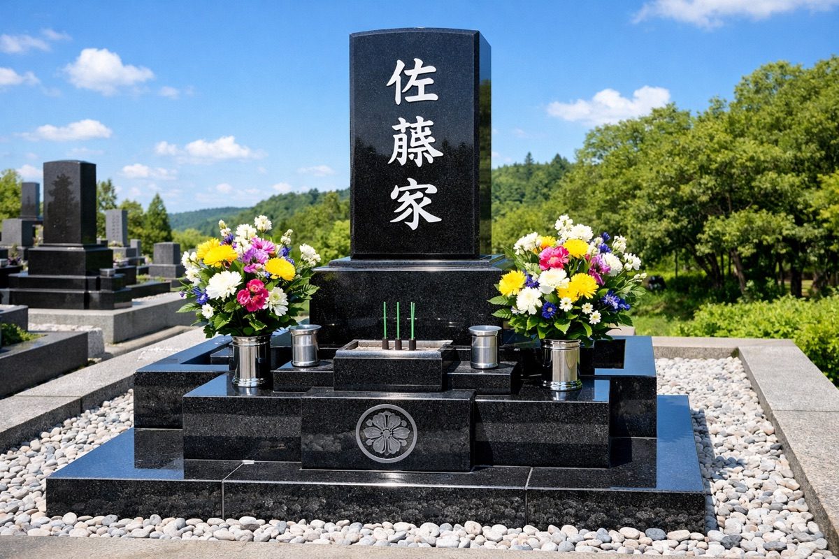神戸市の霊園に建立された和型墓石と供花|灘石材