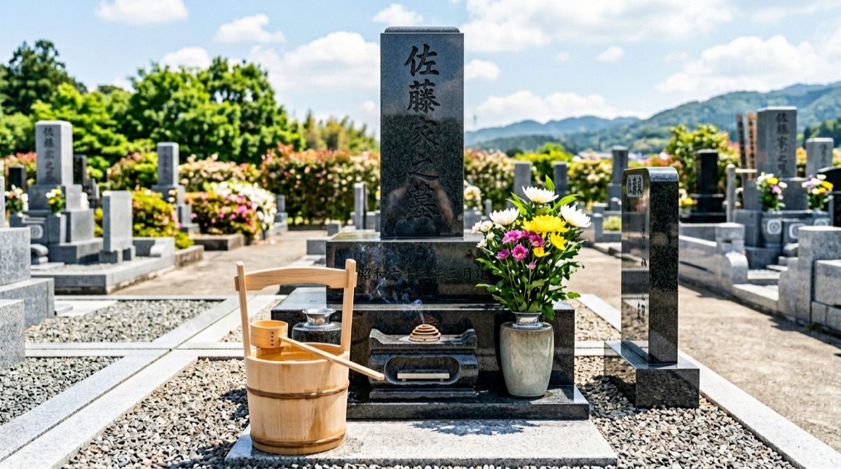 清掃し供花を整えた和型墓石(手桶・菊)|お墓参り代行・灘石材