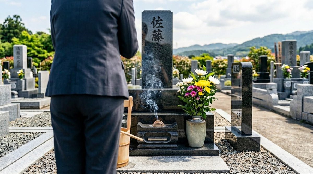 お墓参り代行で和型墓石の前で手を合わせる様子(線香・供花)|灘石材